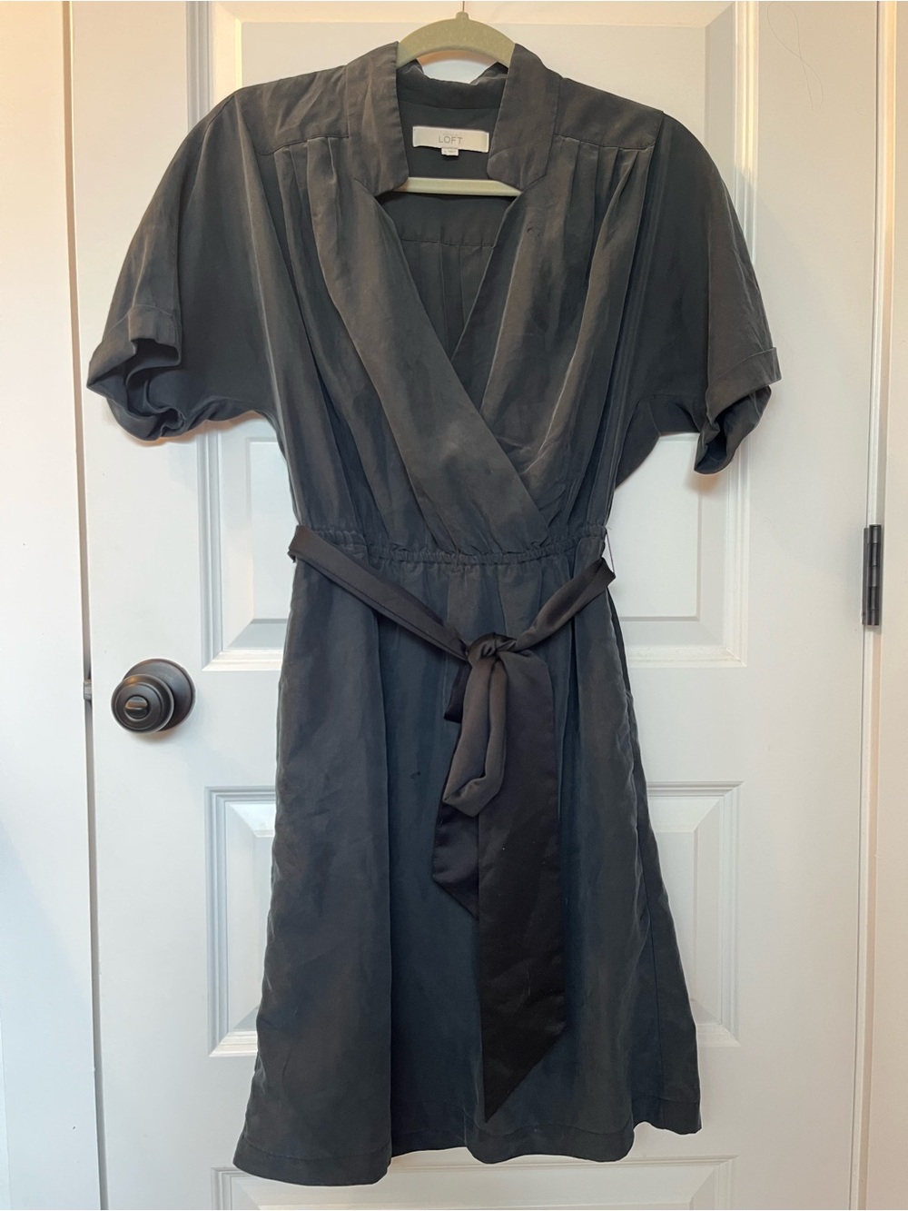 Silky black faux wrap short dress stand collar satin tie